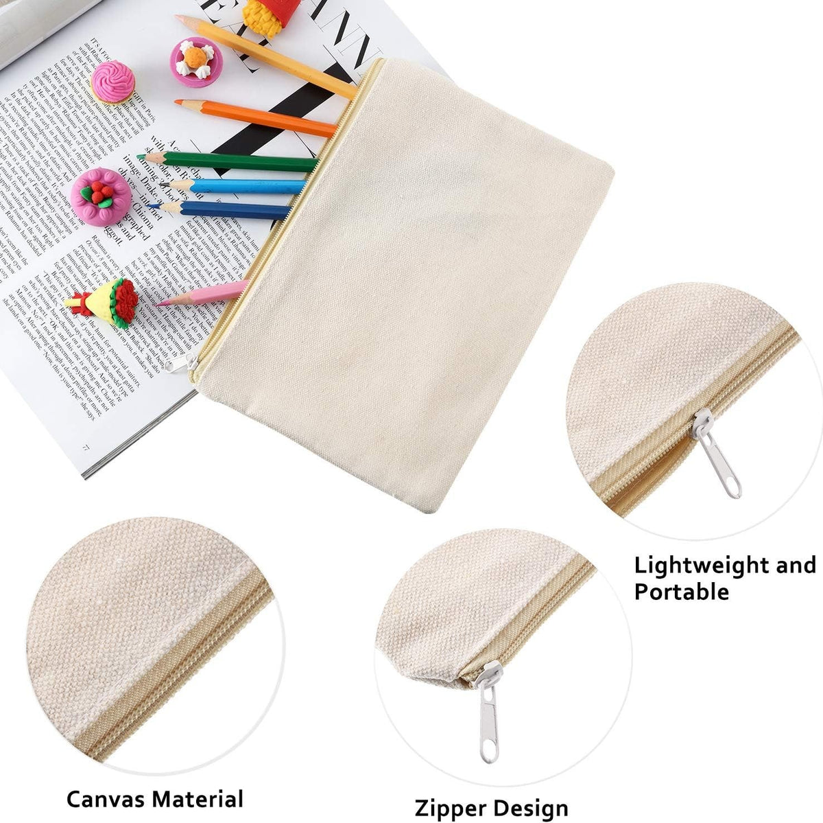 10 Pack DIY Canvas Cosmetic Bags - Blank Makeup Pouches for Customization