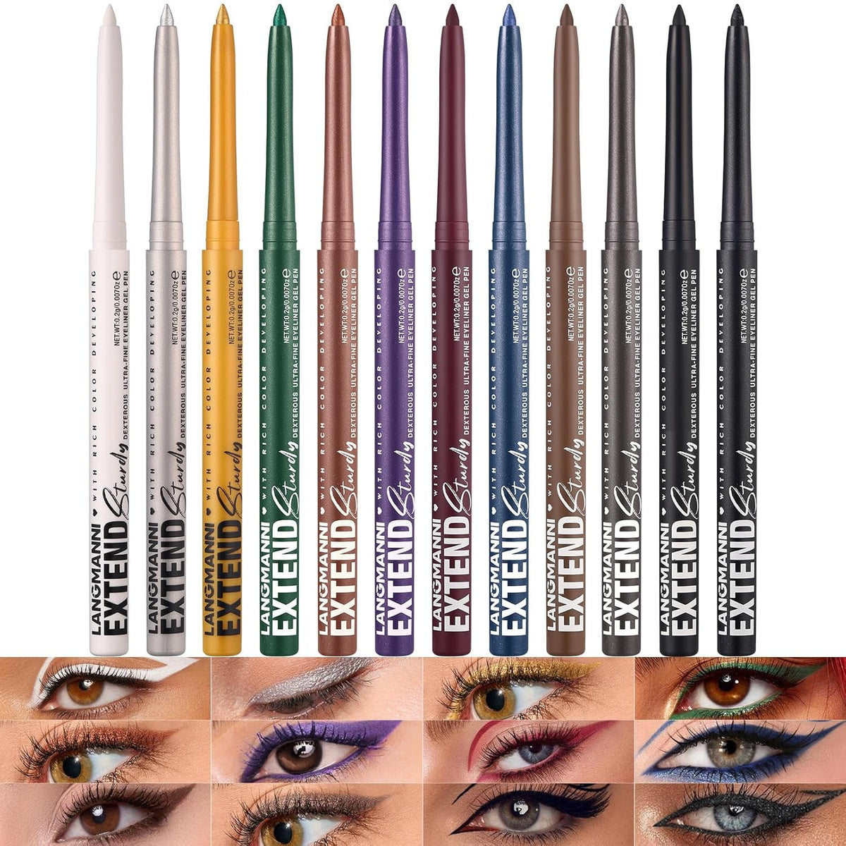 12-Color Waterproof Gel Eyeliner Pencil Set - Matte, Shimmer & Metallic Shades