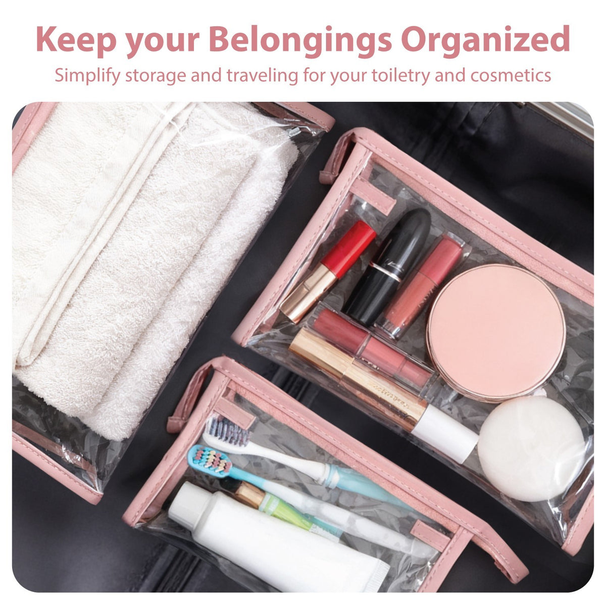 3-Pack TSA Approved Clear Travel Cosmetic Bags with Pink Trim
