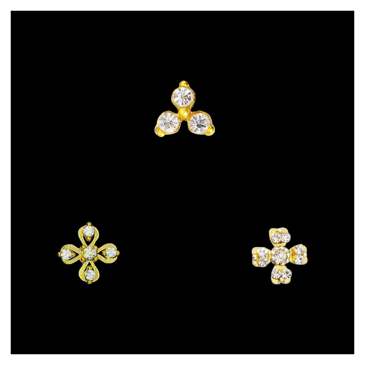 Reusable Golden Crystal Nose Bindis Trio - Non-Piercing Stick-On Nose Studs