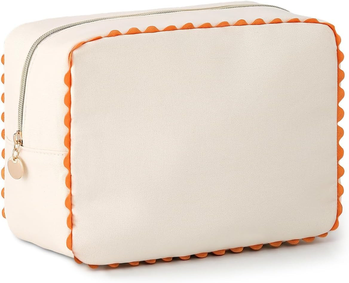 Canvas Makeup Bag for Women with Rainbow Rick Rack Trim, Cute Stripe Cosmetic Pouch