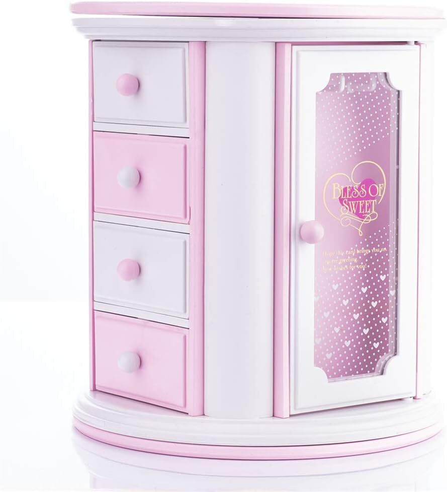 Girls Musical Jewelry Box with Pink Finish and 3 Drawers - Kids Necklace Storage Case