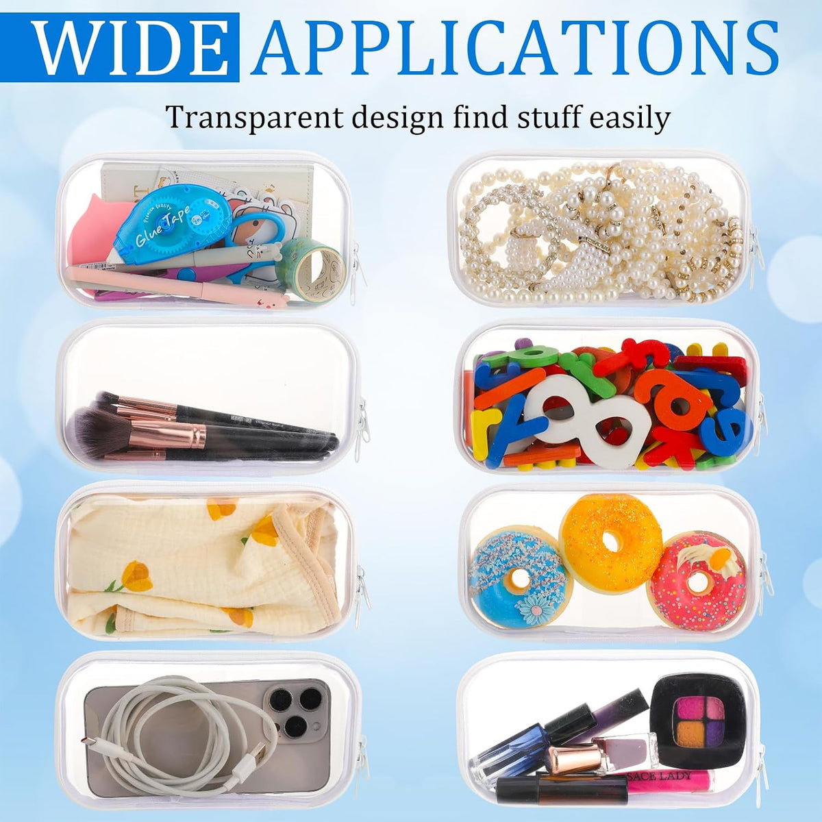 8-Pack Clear Hard Shell Zipper Pouches for Travel Storage & Organization