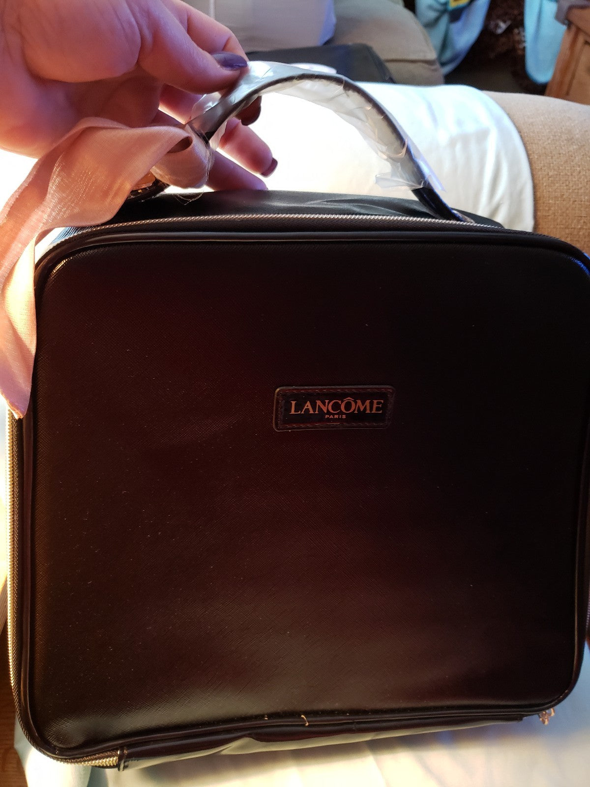Large Black Faux Leather Train Case with Pink Scarf Travel Organizer