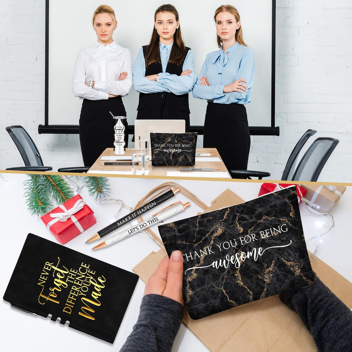 Employee Appreciation Gift Set for Women - Stainless Steel Tumbler Notepad & Makeup Bag