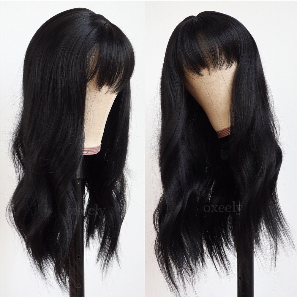 Long Wavy Black Cosplay Wig with Bangs - Heat Resistant Synthetic Hair