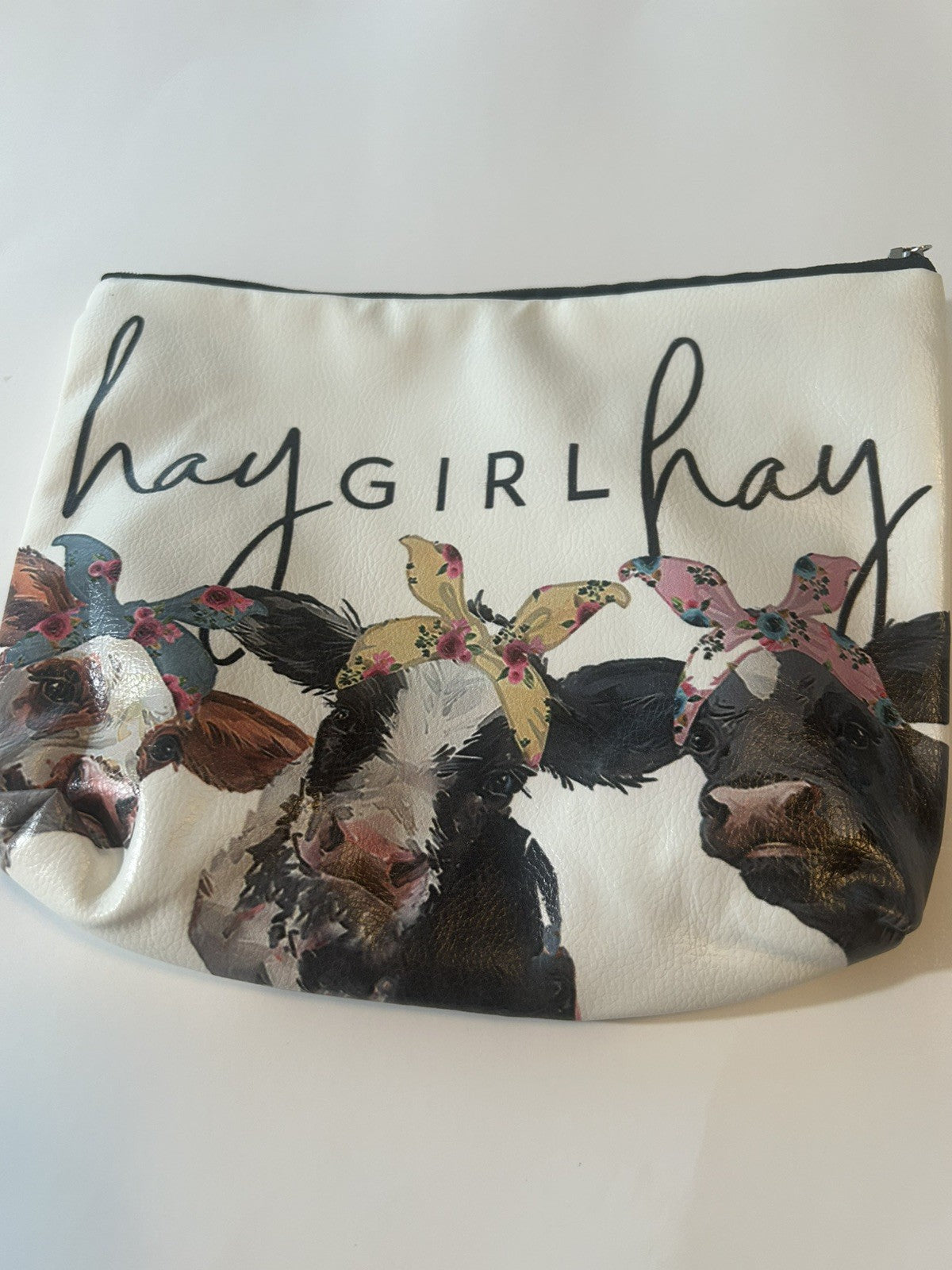 Hay Girl Hay Zippered Cosmetic Bag 8 x 10" - Faux Leather Canvas Tote