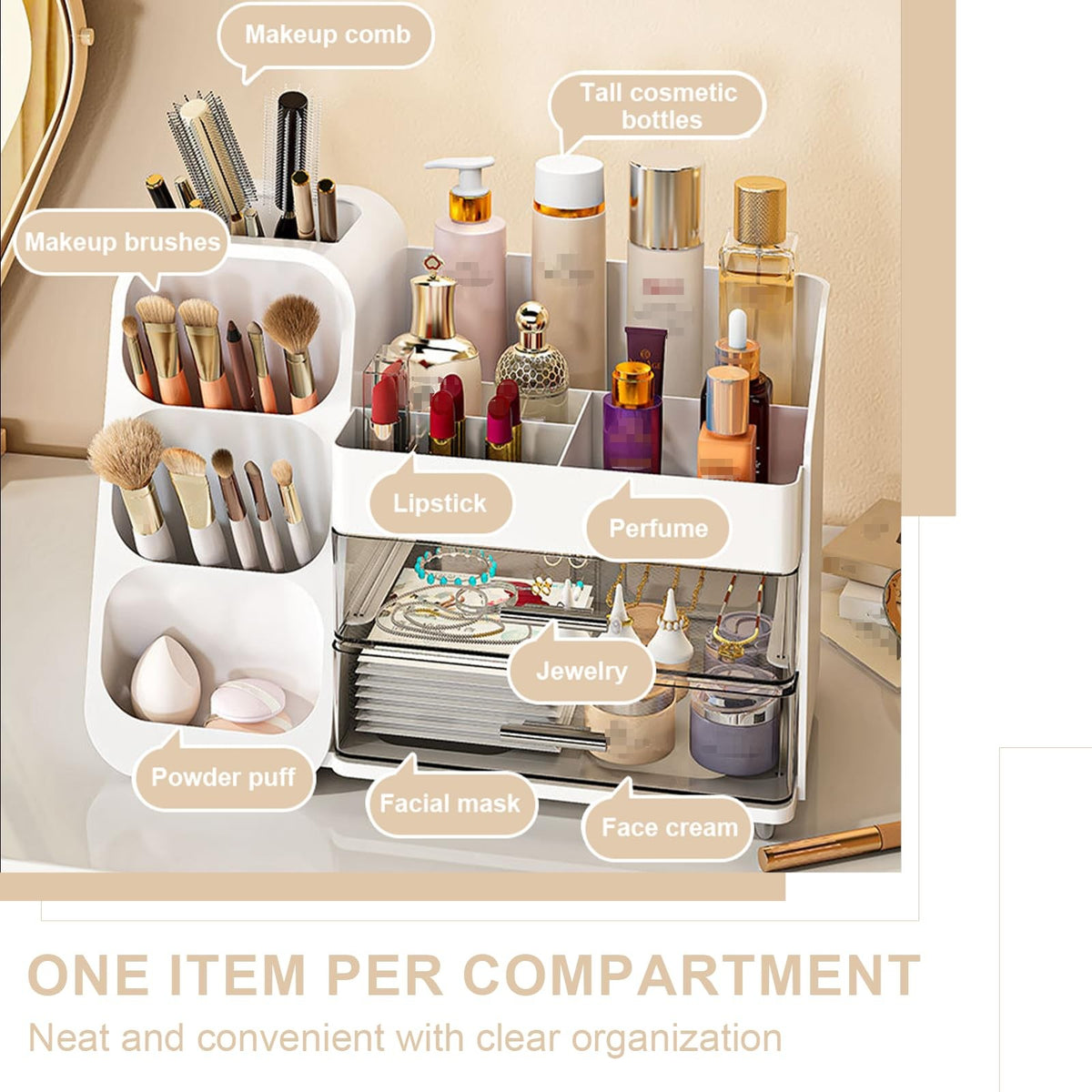 Makeup Organizer with Drawer for Cosmetics & Skincare - White