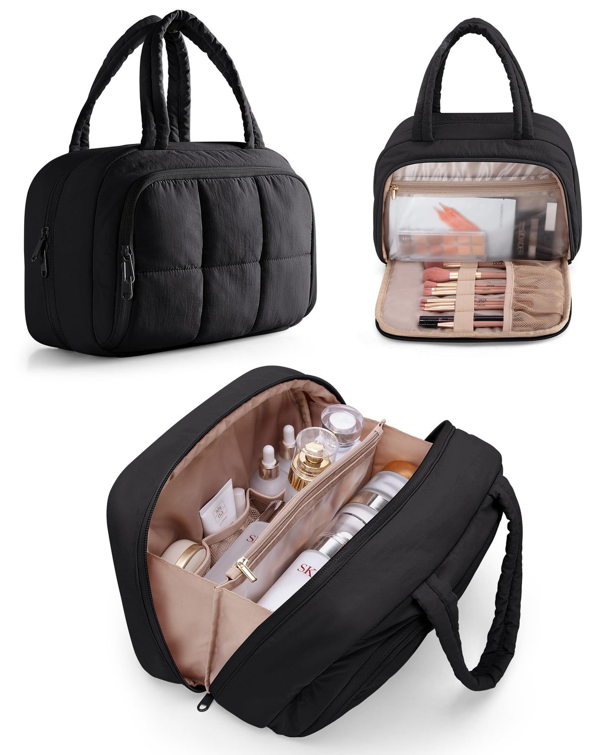 Travel Toiletry Bag with Hanging Hook Waterproof Puffy Cosmetic Organizer Black