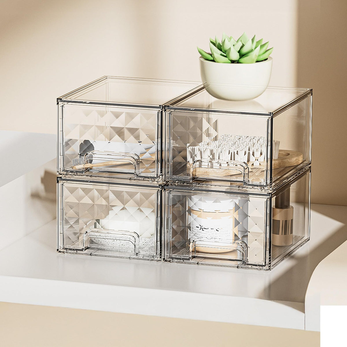 Clear Acrylic Stackable Storage Drawers for Bathroom Makeup & Vanity