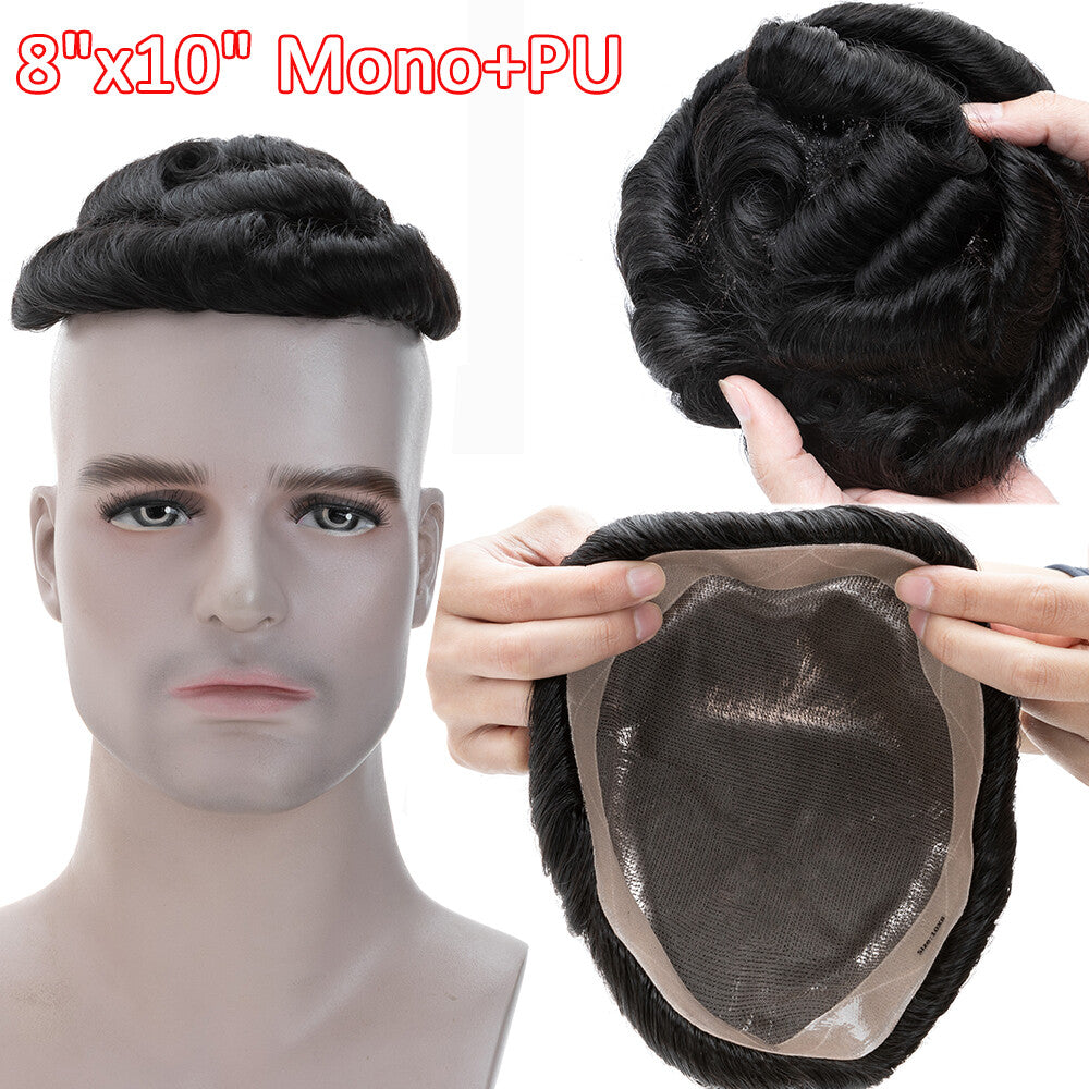 Men's Hair Replacement System Toupee with Skin-Like PU Base - Human Hair