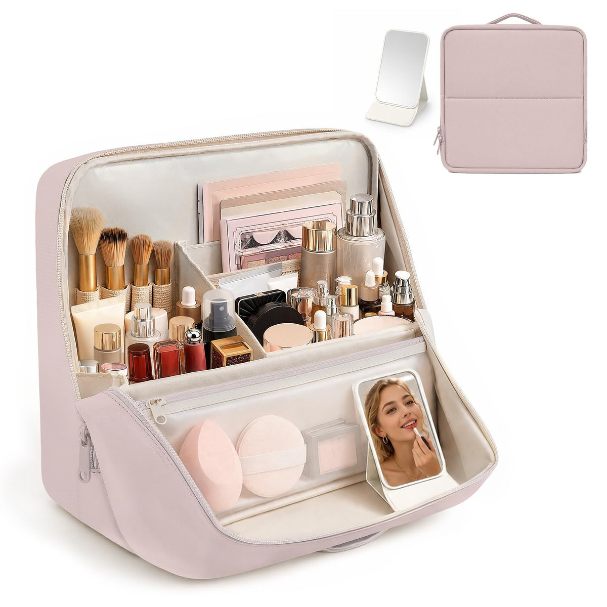 Travel Makeup Bag Large Capacity with Multiple Compartments - Leather Portable Organizer