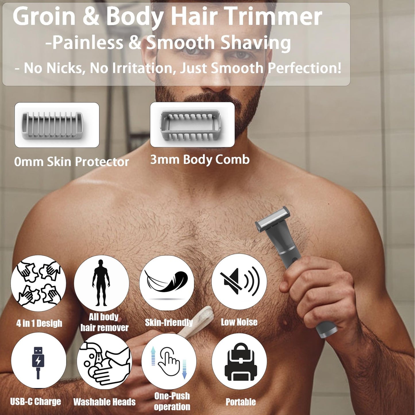 Men's 4-in-1 Body Hair Trimmer with 4 Heads, USB-C Fast Charging