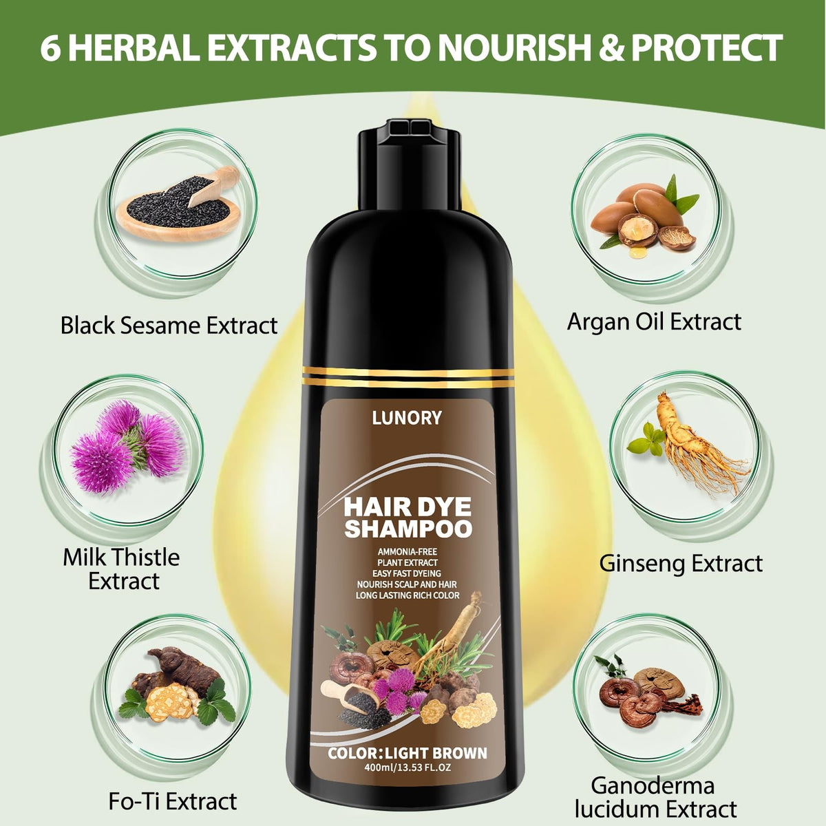 Light Brown Hair Dye Shampoo - Full Gray Coverage & Nourishing Botanicals