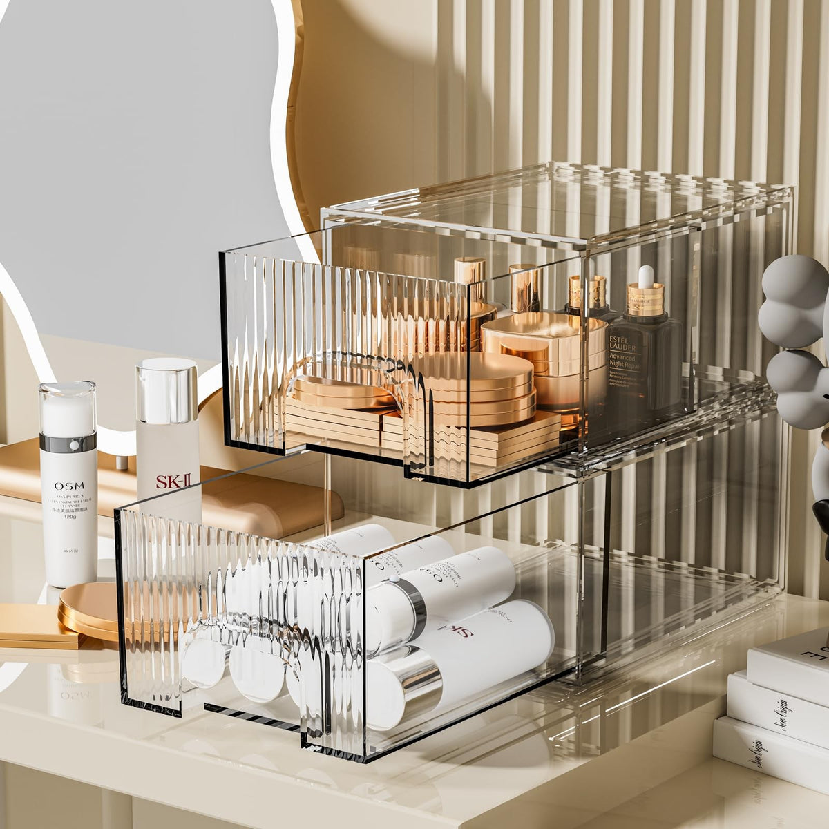 2 Pack Clear Stackable Cosmetic Organizer Acrylic Drawer Storage Bins