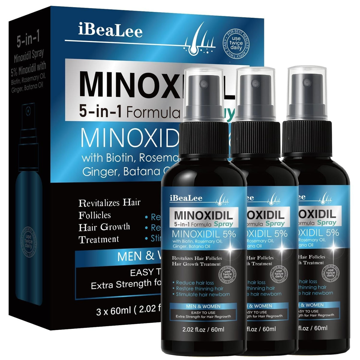 5% Minoxidil Hair Regrowth Spray for Men & Women - 3 Pack