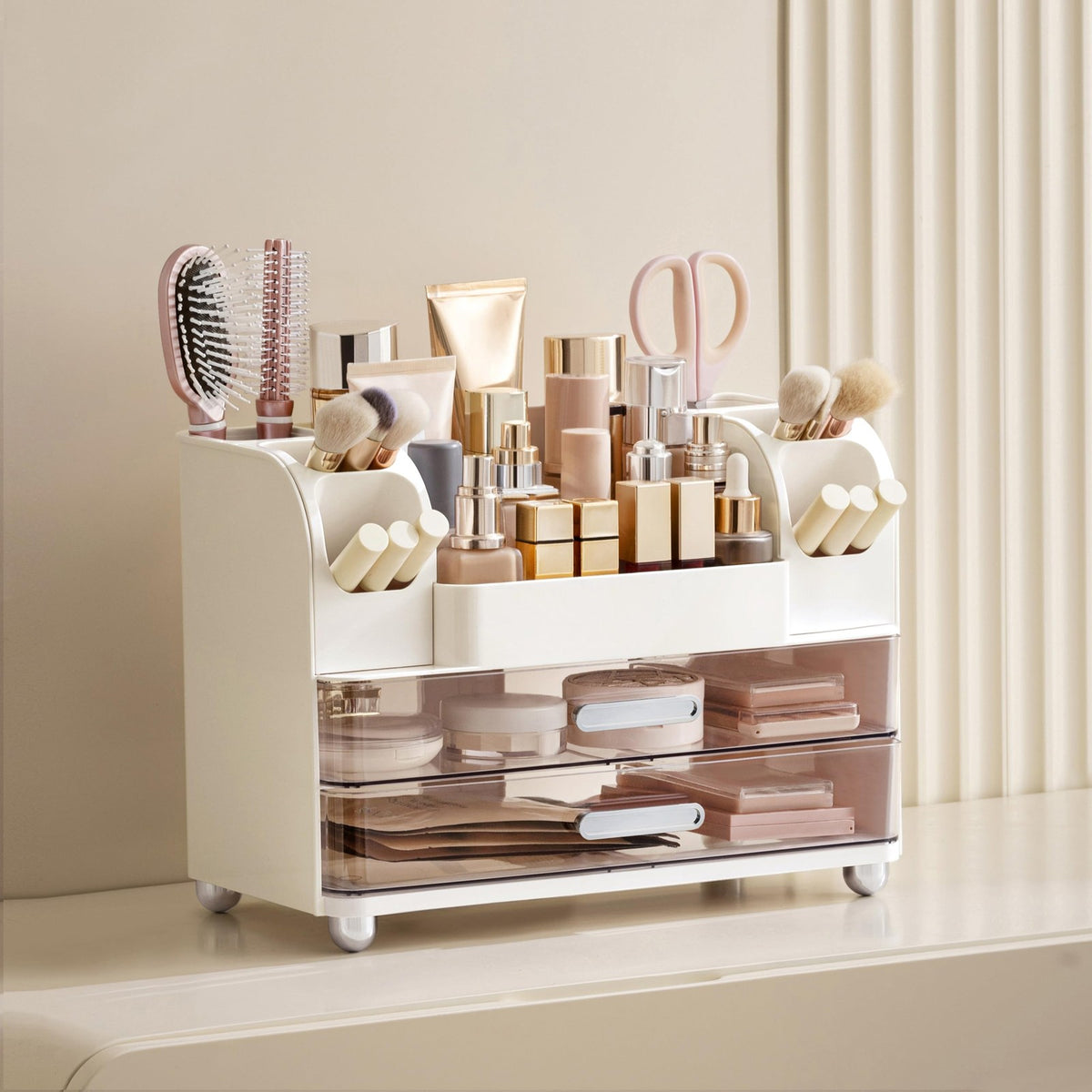 Large Makeup Organizer with Brush Holder - Vanity Storage, White