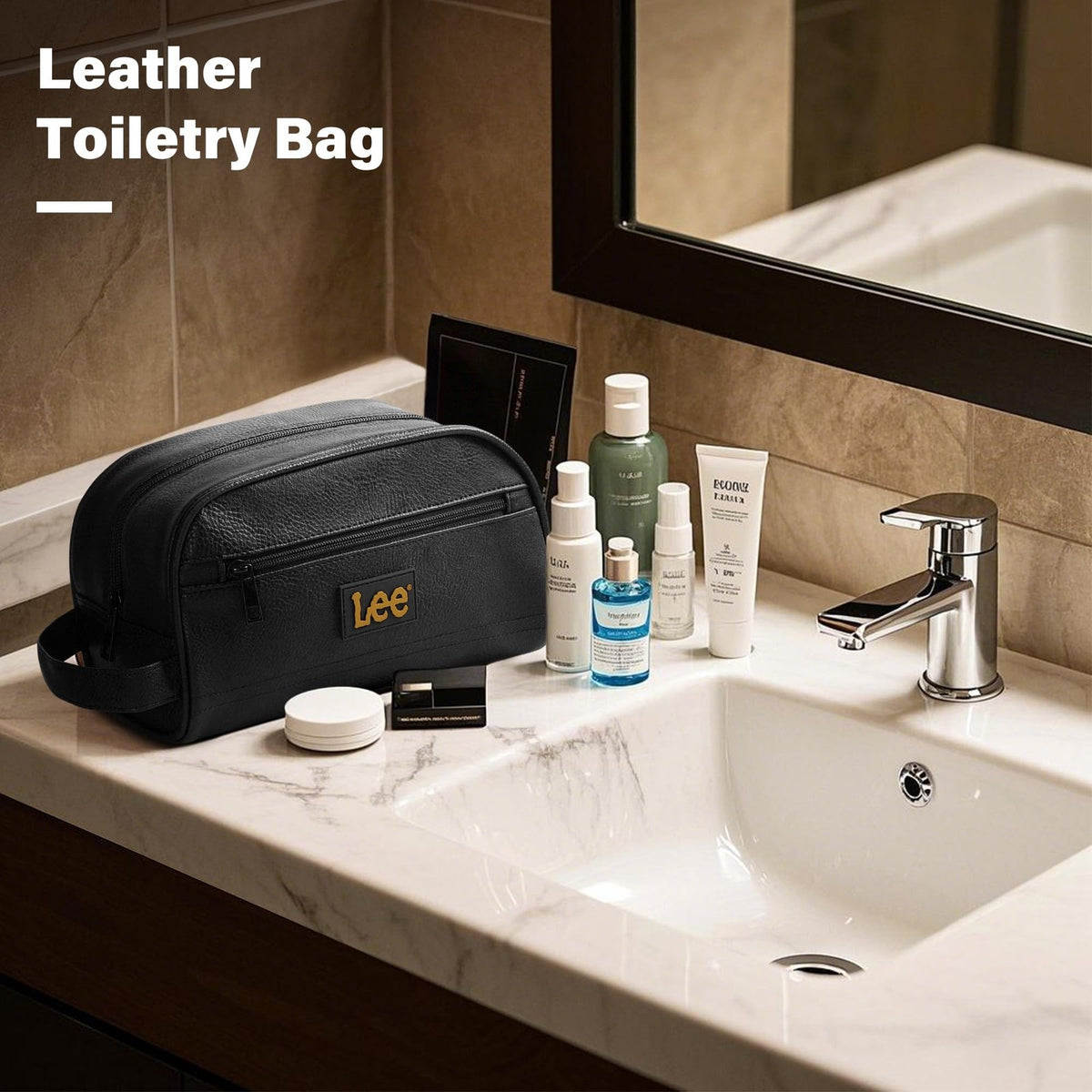 Men's Water-Resistant PU Leather Toiletry Bag Travel Organizer Dopp Kit