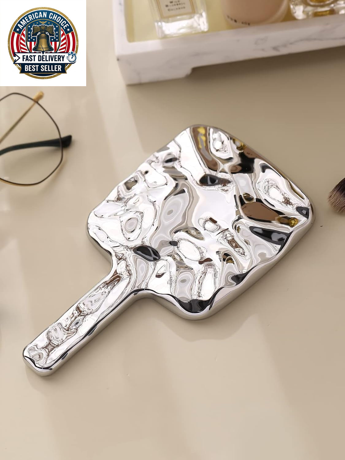 Water Ripple Handheld Mirror for Makeup with Handle - Square Silver