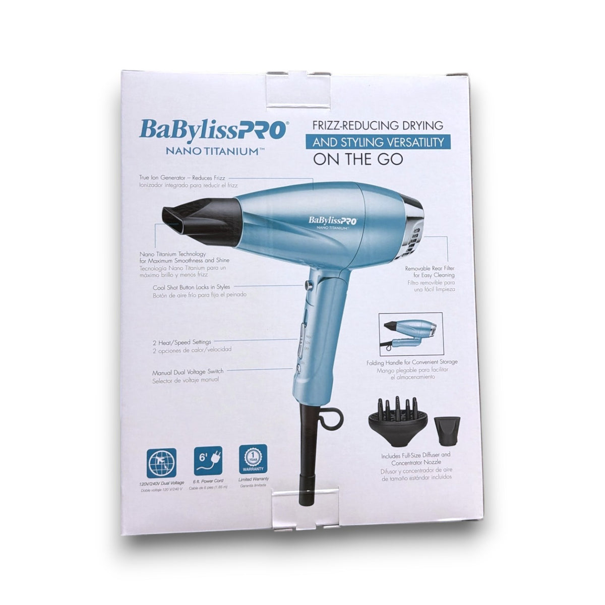 BaBylissPRO Nano Titanium Compact Folding Ionic Hair Dryer - New