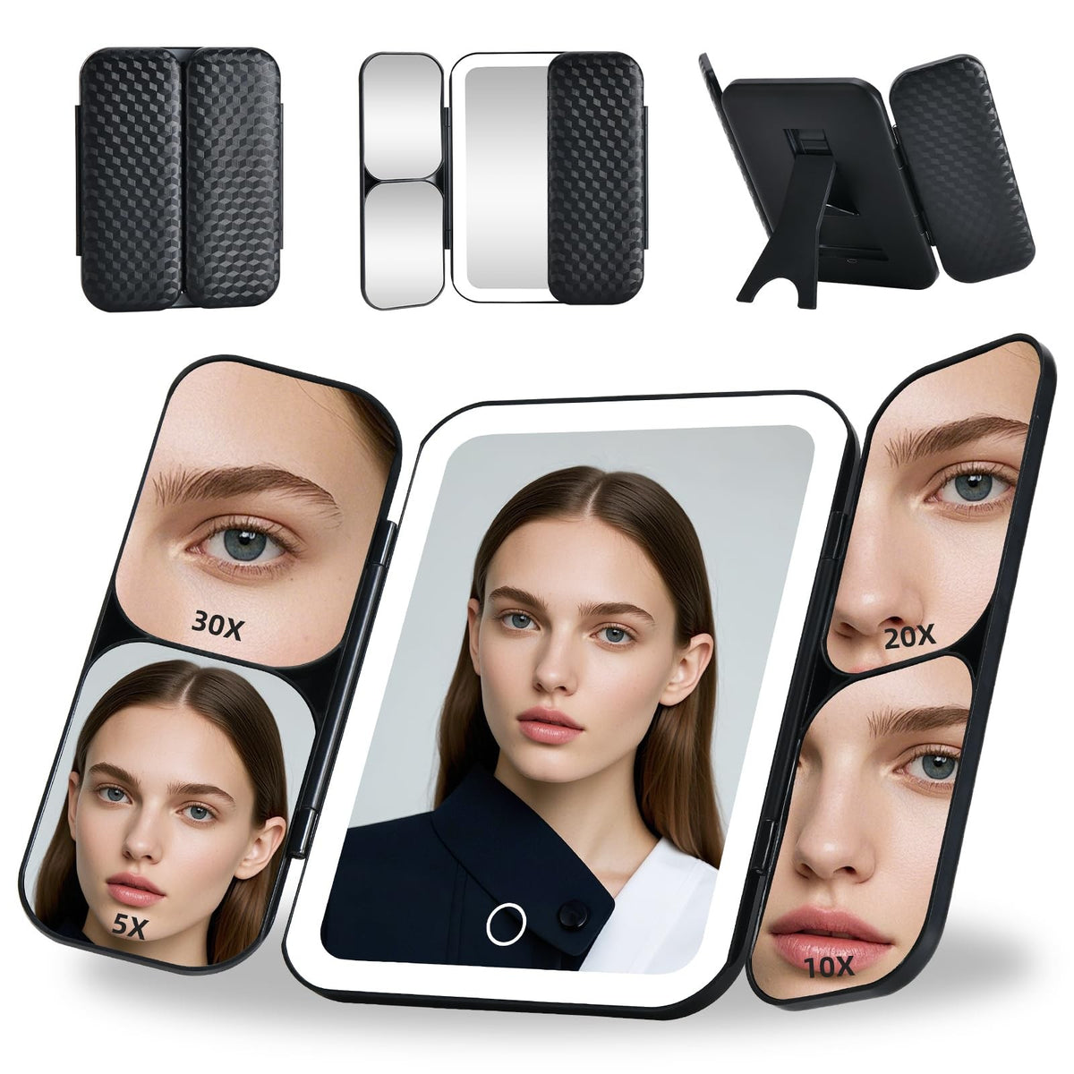 Rechargeable Travel Makeup Mirror with 5X-30X Magnification, Dimmable Light, Tri-Fold Design