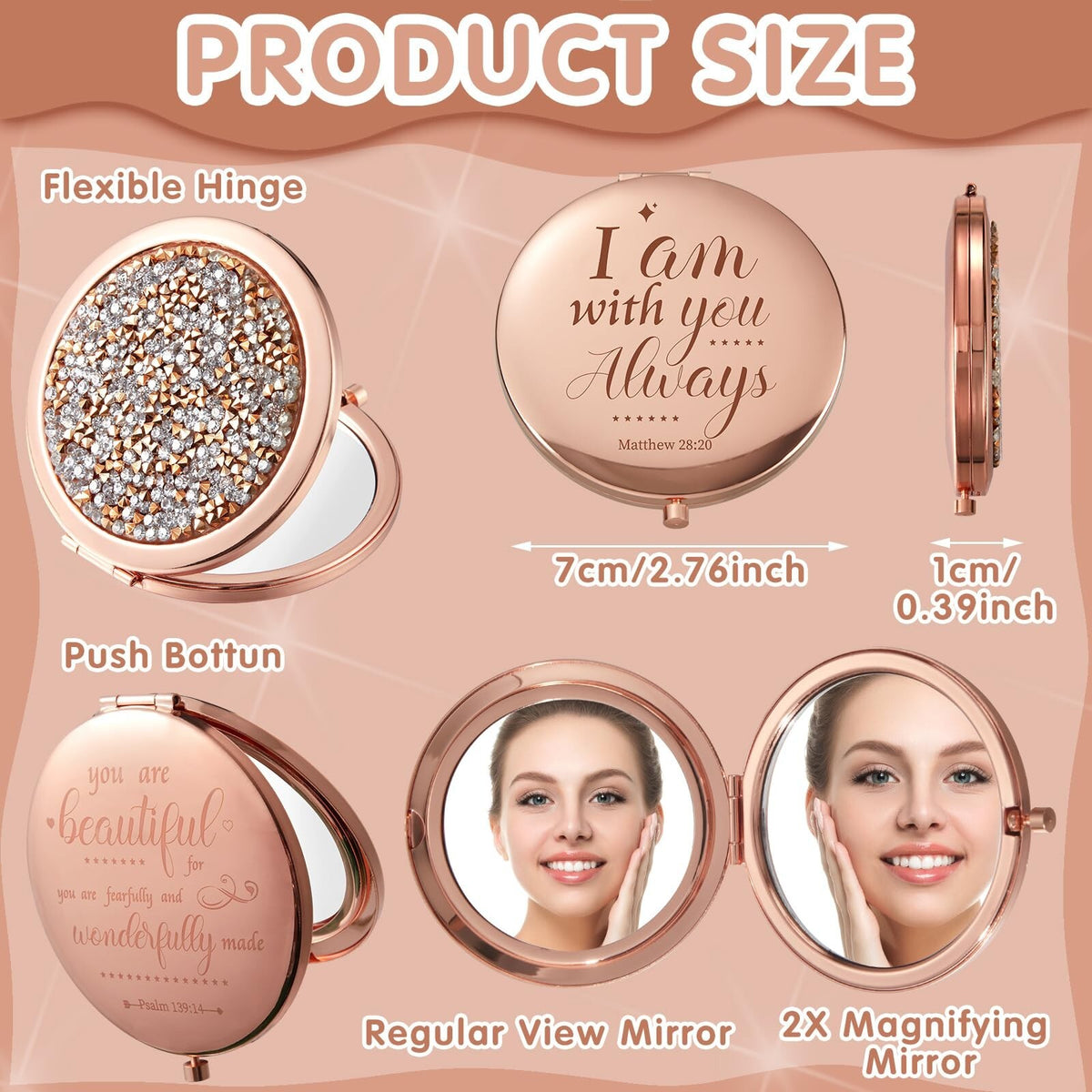 Christian Gifts Compact Makeup Mirror with Bible Verse - Rose Gold Set of 12