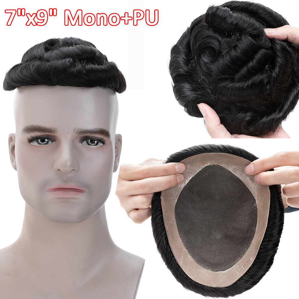 Men's Hair Replacement System Toupee with Skin-Like PU Base - Human Hair