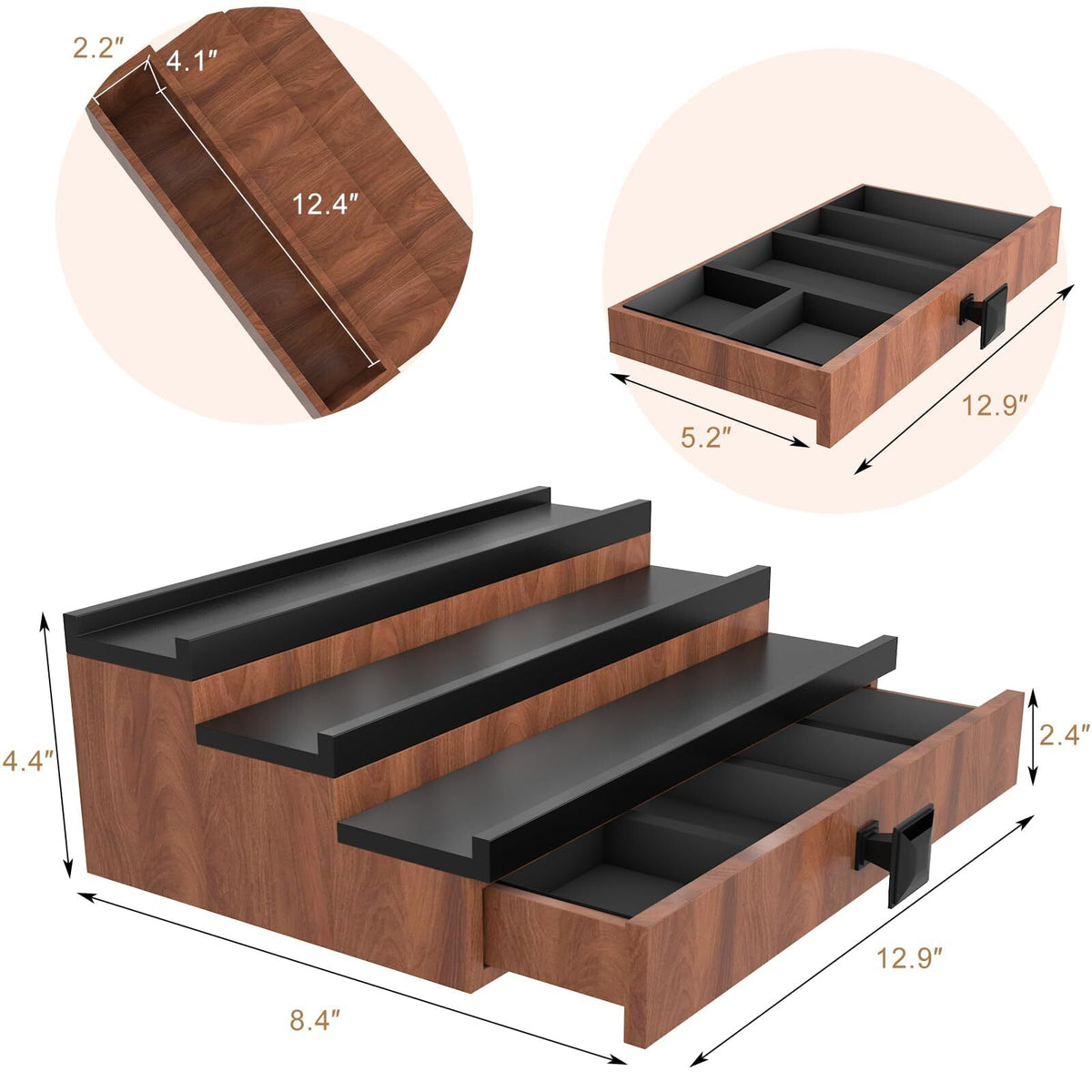 Wooden Cologne Organizer Stand for Men 3 Tiers with Drawer and Hidden Compartment