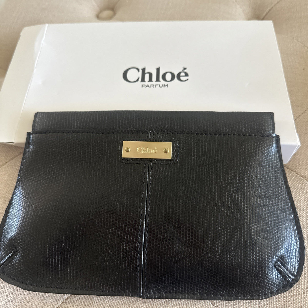 Black Cosmetic Pouch Bag with Logo - Chloe Flat Makeup Bag with Box