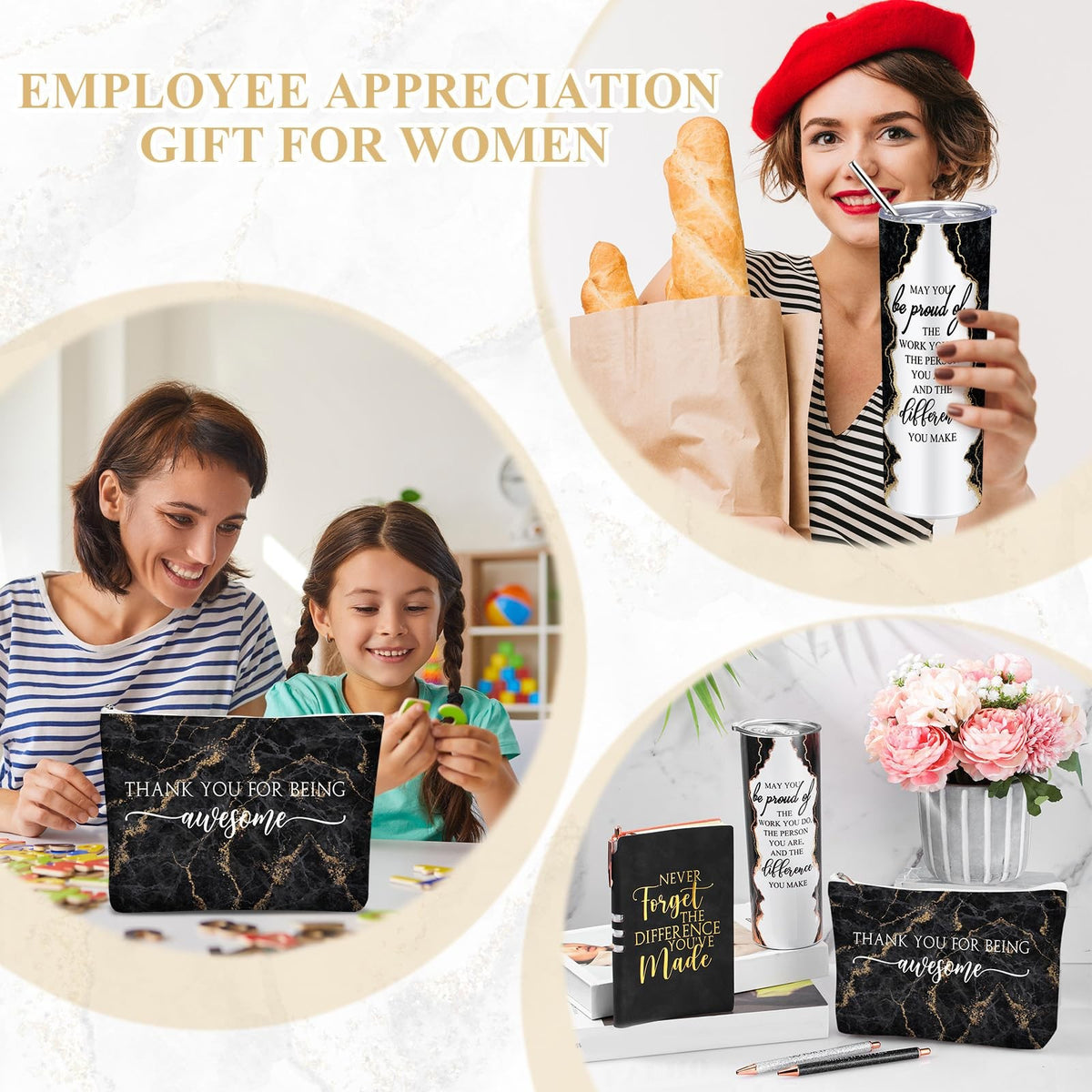Employee Appreciation Gift Set for Women - Stainless Steel Tumbler Notepad & Makeup Bag