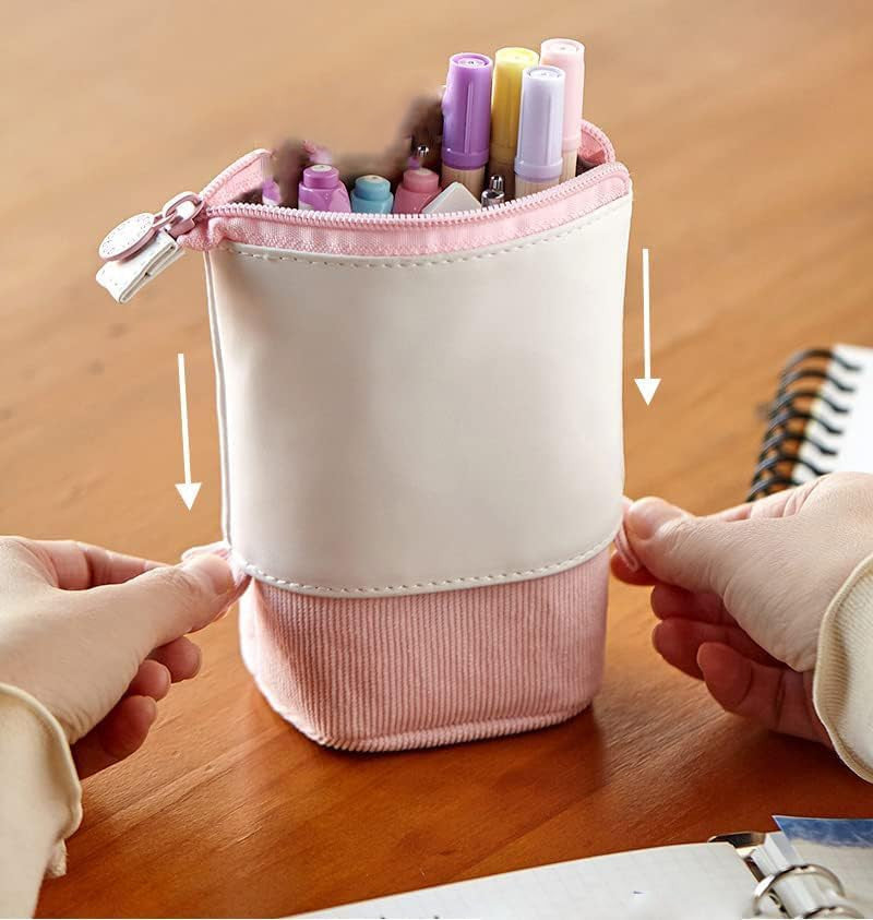 Telescopic Pencil Bag Pen Holder Stationery Case - PU Corduroy Stand-Up Organizer
