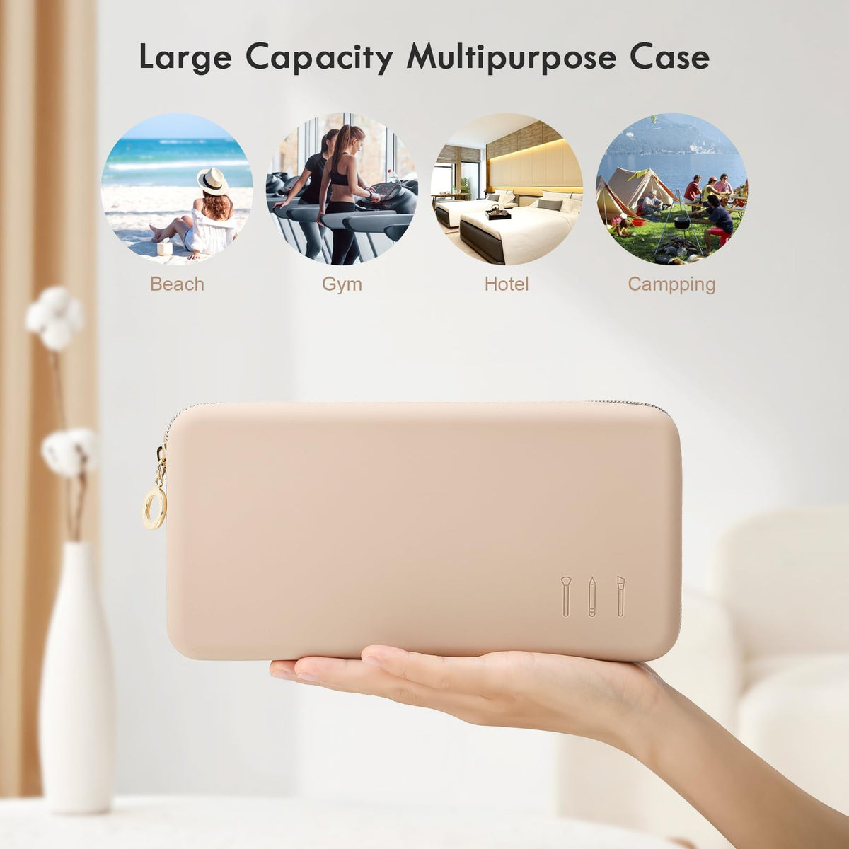 Large Silicone Makeup Brush Bag Travel Pouch with Zipper - Khaki