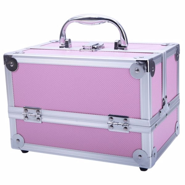 Pink Aluminum Makeup Train Case with Mirror, 9x6x6 in - Jewelry Organizer SM-2176