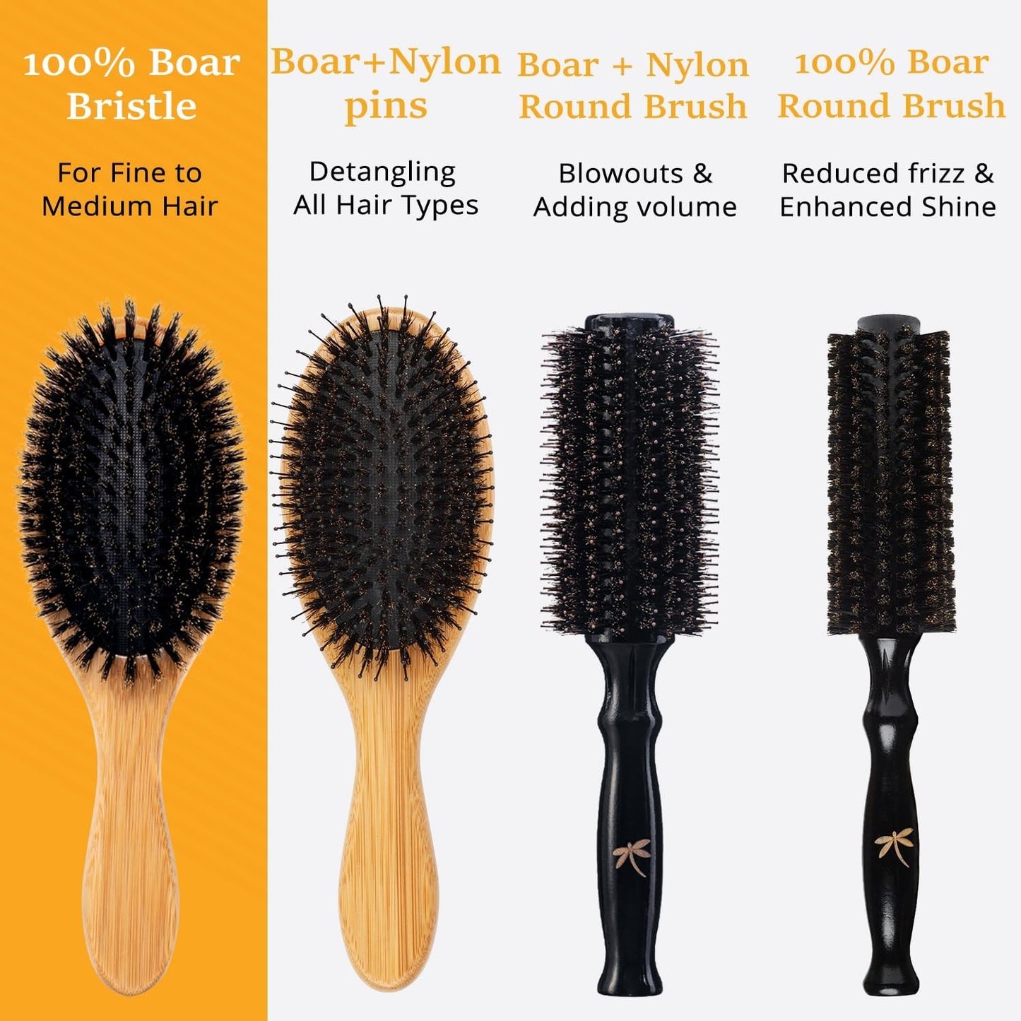 Boar Bristle Hair Brush Set for Thin Hair - Natural Soft Bristles for Women