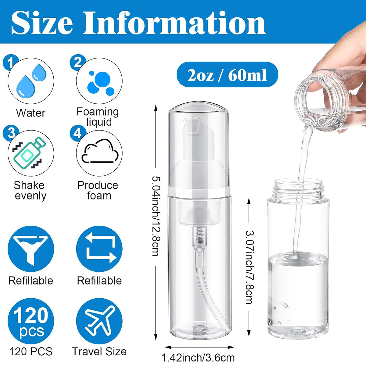 120 Pack 2oz Refillable Foam Pump Bottles Bulk Travel Soap Dispensers
