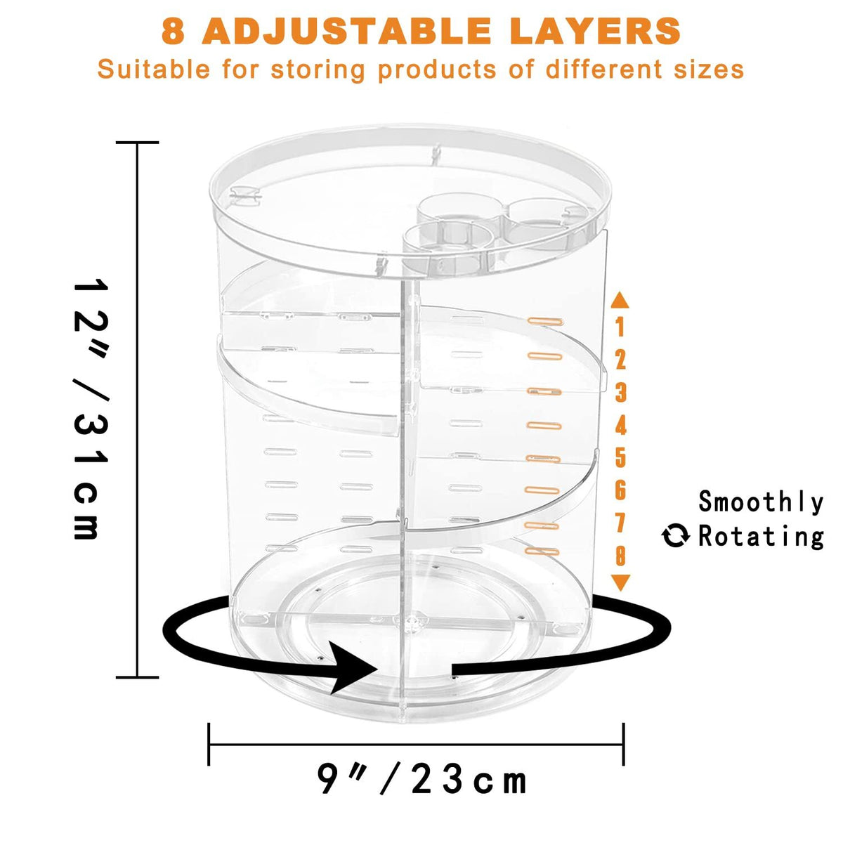 360 Degree Rotating Makeup Organizer with Adjustable Heights and Multiple Compartments