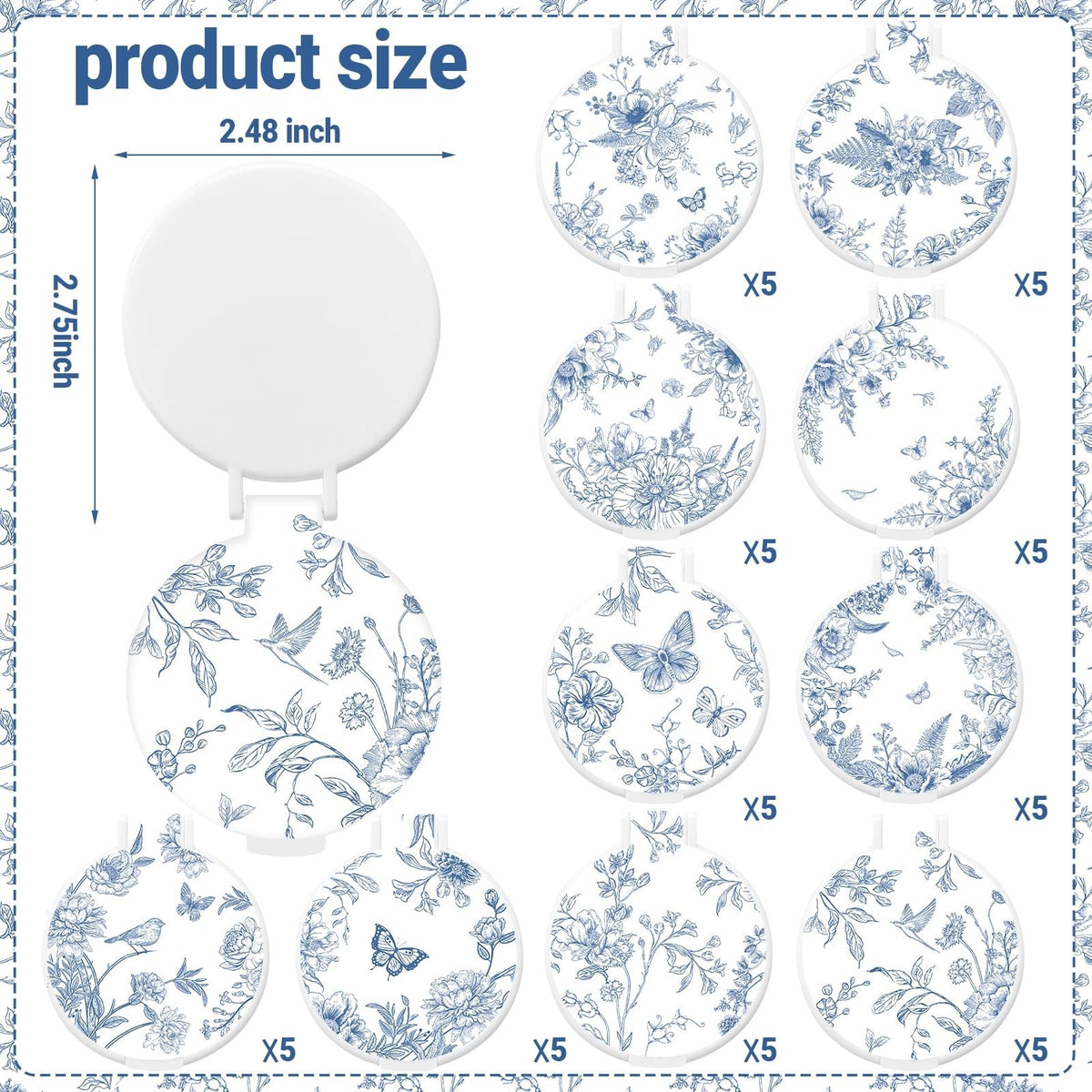 Blue Porcelain Compact Mirror Set - 50 Small Pocket Round Mirrors for Gifts