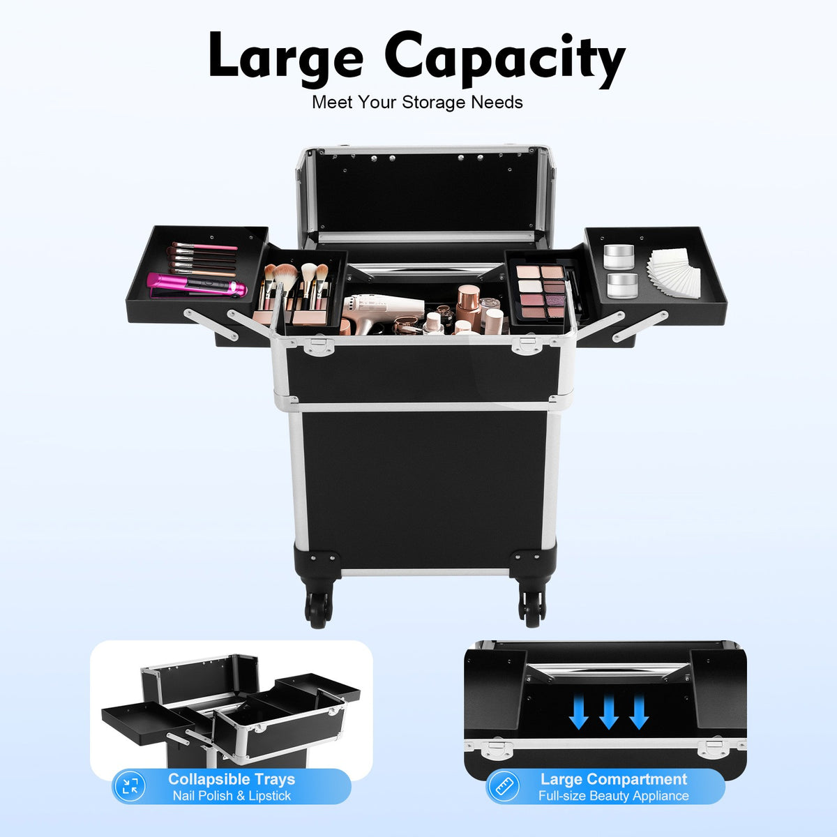 Black Travel Makeup Organizer Case with Wheels & Compartments