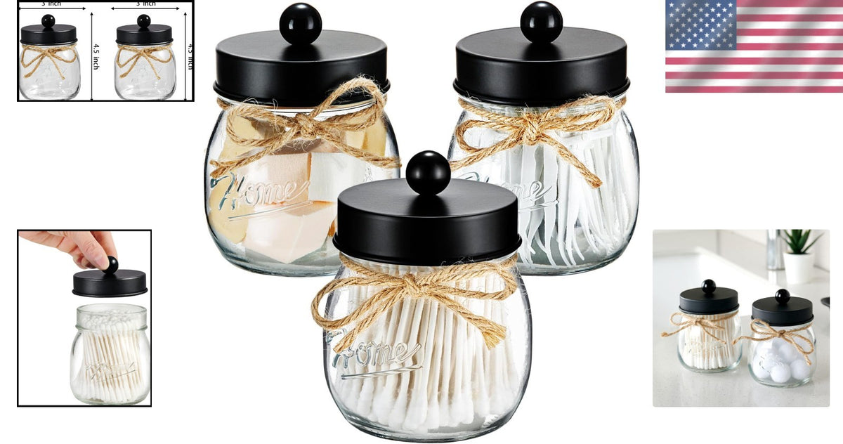 Black Glass Bathroom Jar Set - 3-Piece Organizing Container Set for Essentials
