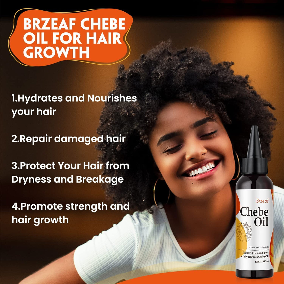 Natural Chebe Oil for Hair Growth & Moisture Restoration - 3.38Oz