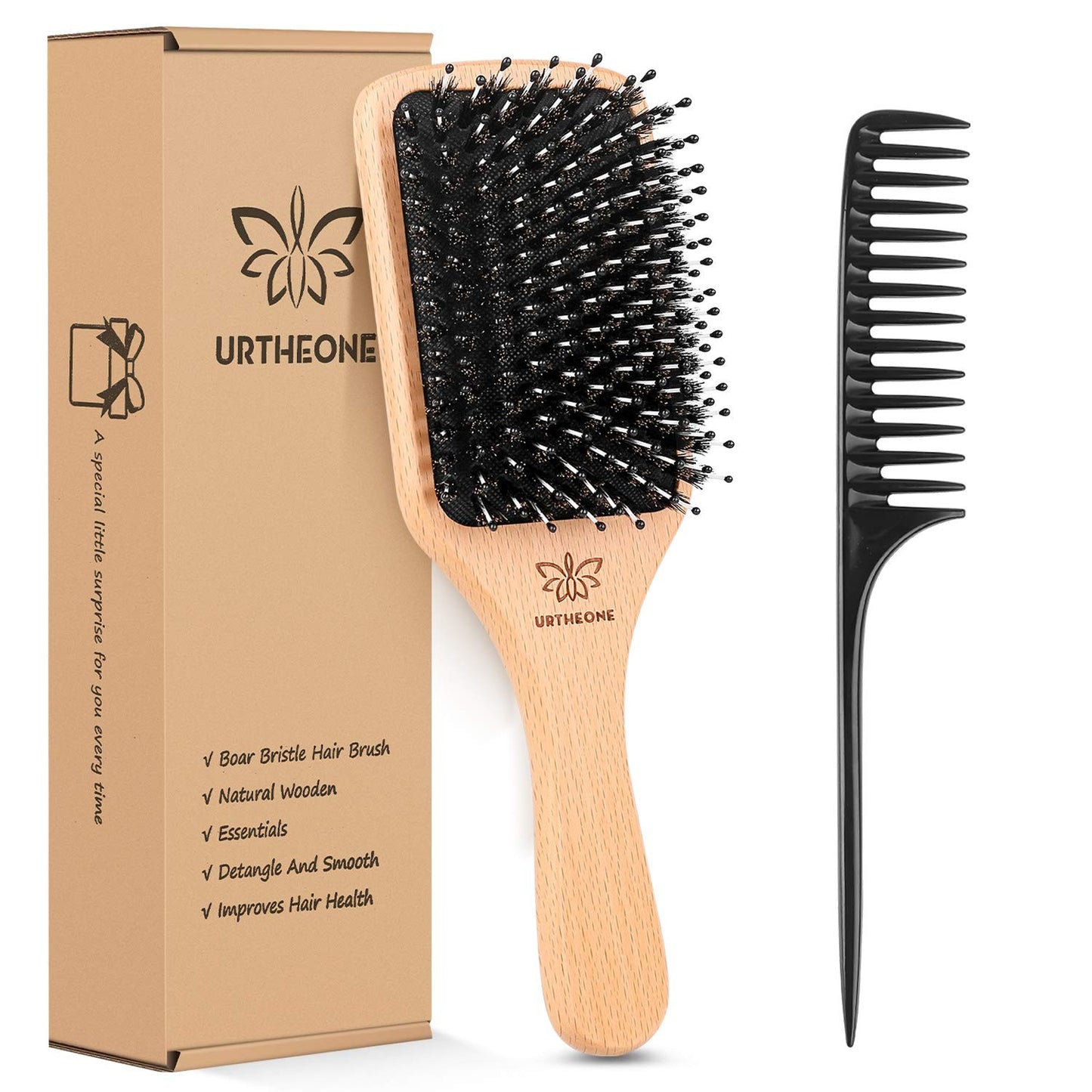 Boar Bristle Hair Brush for Thick Hair - Natural Wood Handle