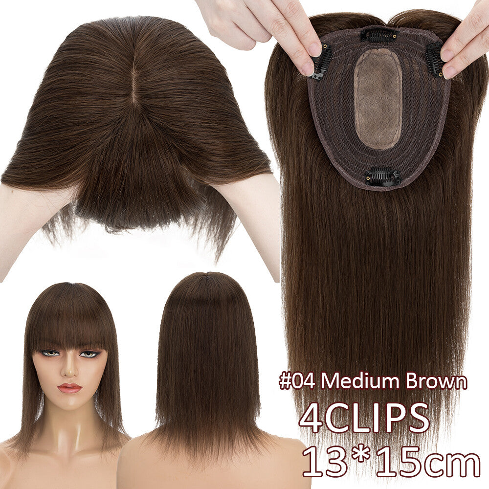 Remy Human Hair Topper with Bangs - Clip-In Hairpiece for Thinning Hair