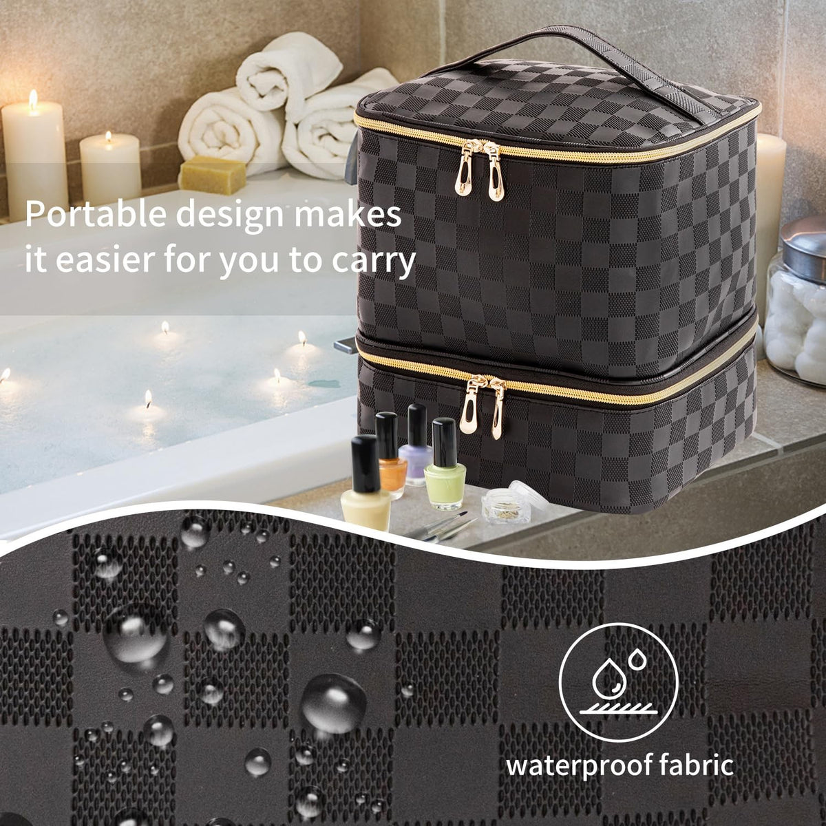 Checkered Black Nail Polish Organizer Bag 15ml Holds 30 Bottles Travel Case