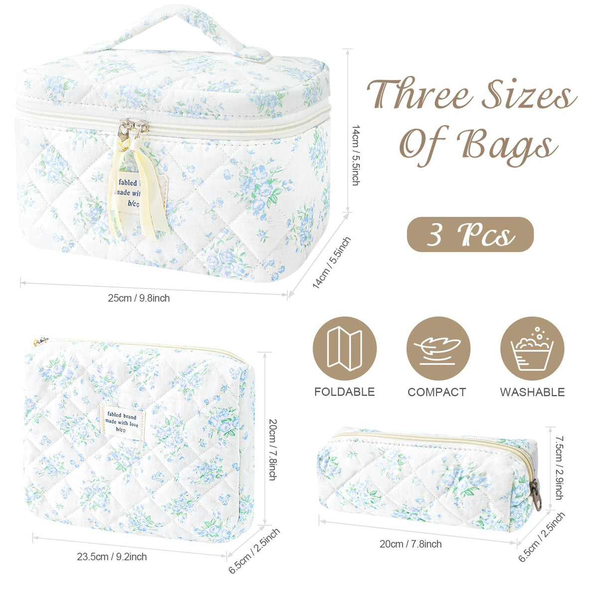 Cotton Quilted Floral Makeup Bag Set – 3Pcs Large Cosmetic Bags for Women