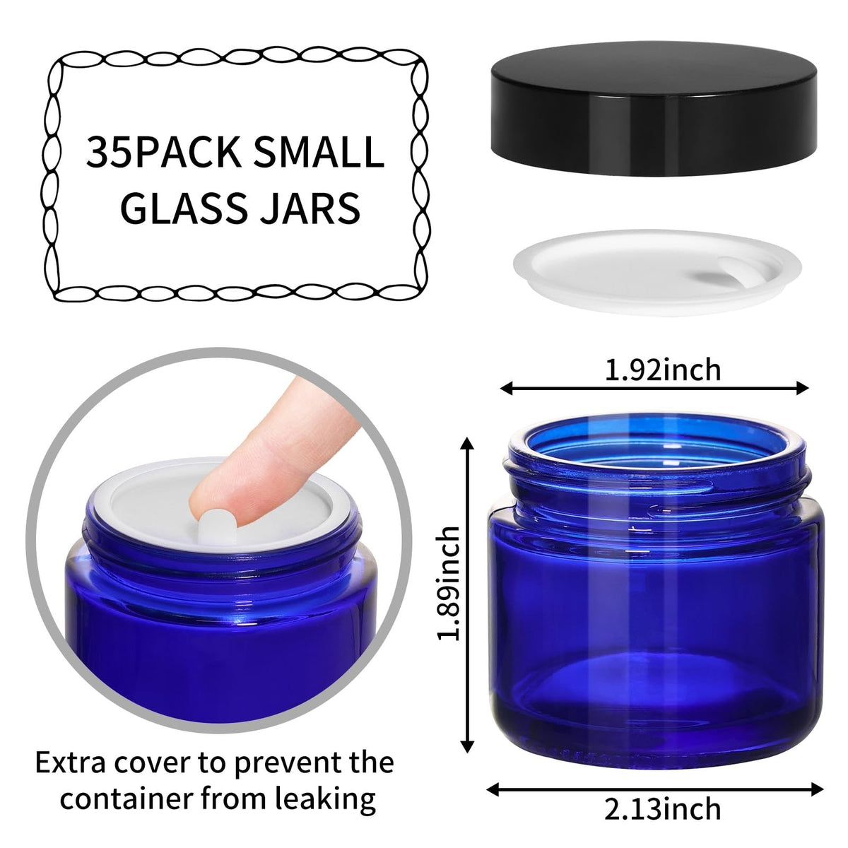 Blue 2oz Glass Cosmetic Jars with Black Lids, 35 Pack - Refillable Makeup Containers