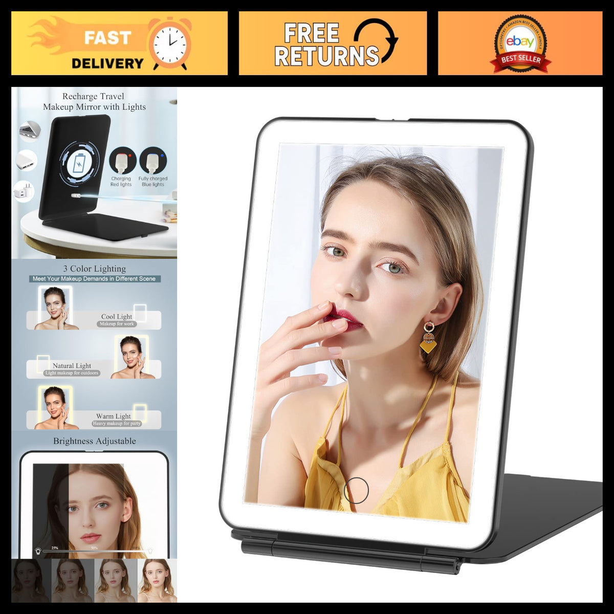 Rechargeable Travel Makeup Mirror with 72 LED Lights - Compact & Portable