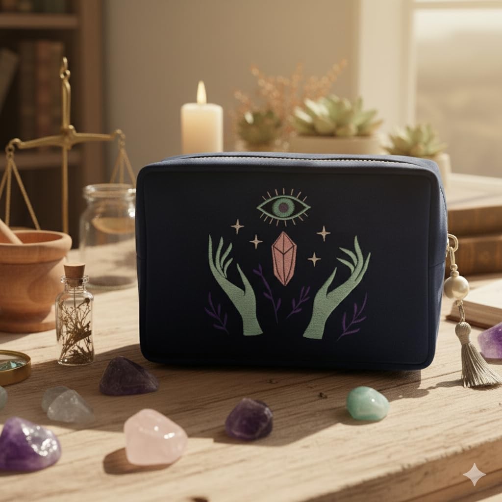 Velvet Tarot Card & Crystal Pouch with Embroidery, Zipper Closure, Gift Idea