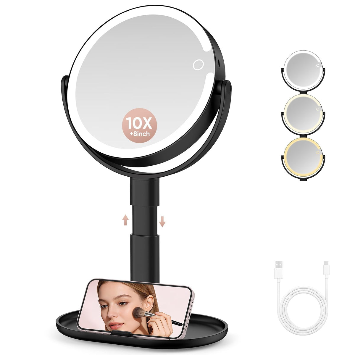 Lighted Makeup Mirror with 10X Magnification, Rechargeable LED, Adjustable Brightness