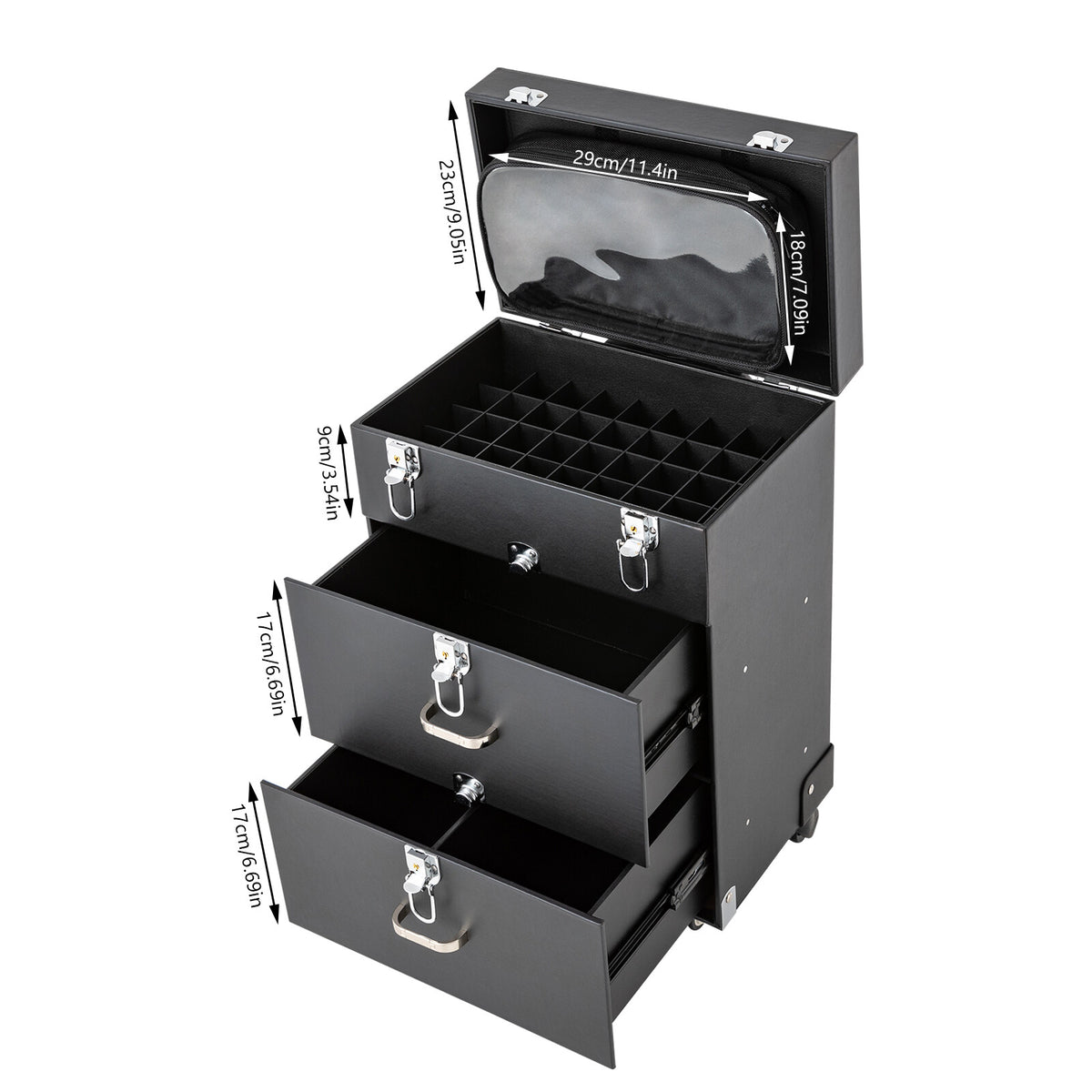 Large Capacity Rolling Makeup Case with Multi-Layer Storage and Locking Security