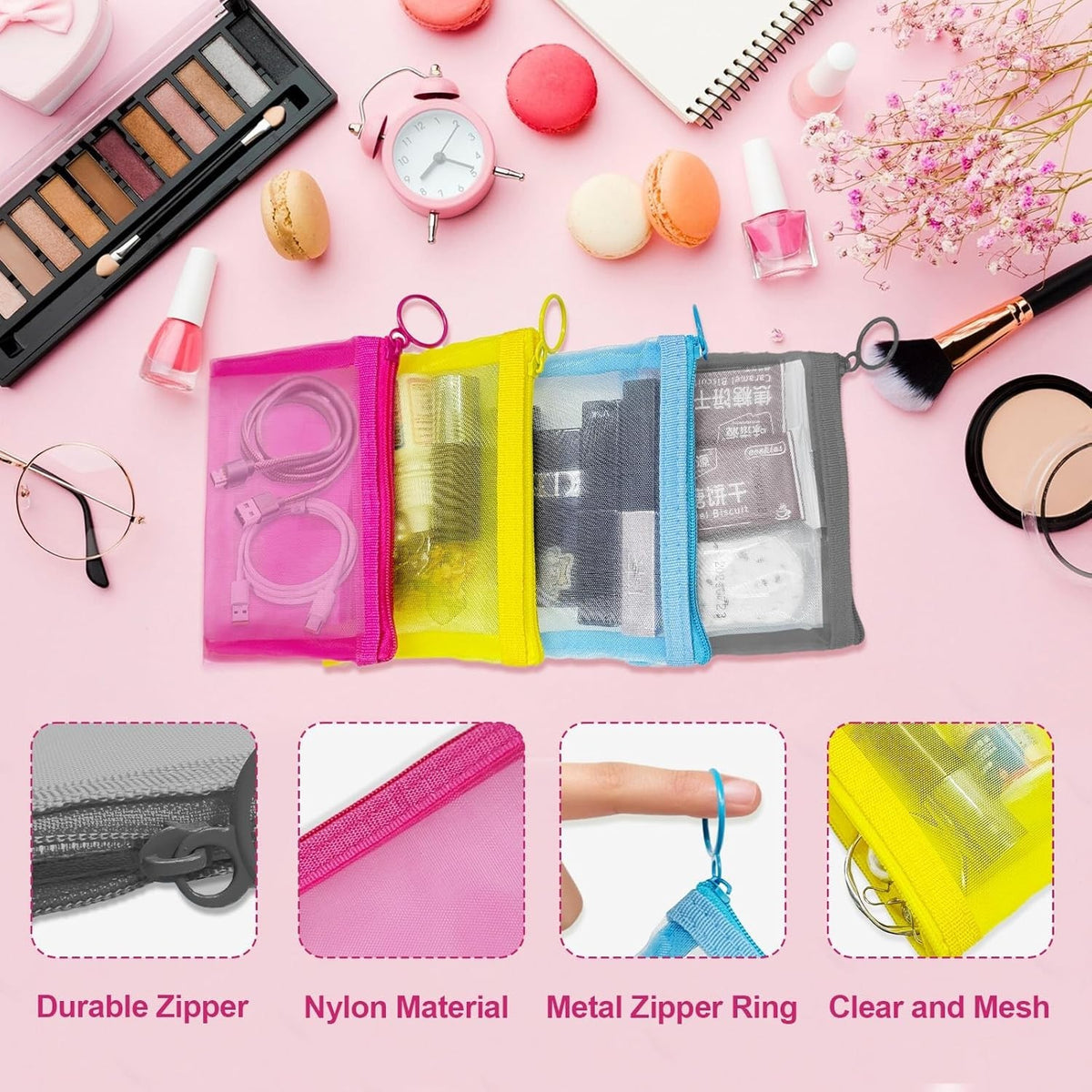 Mini Mesh Makeup Bags 4 Pack - Small Zipper Nylon Cosmetic Pouches